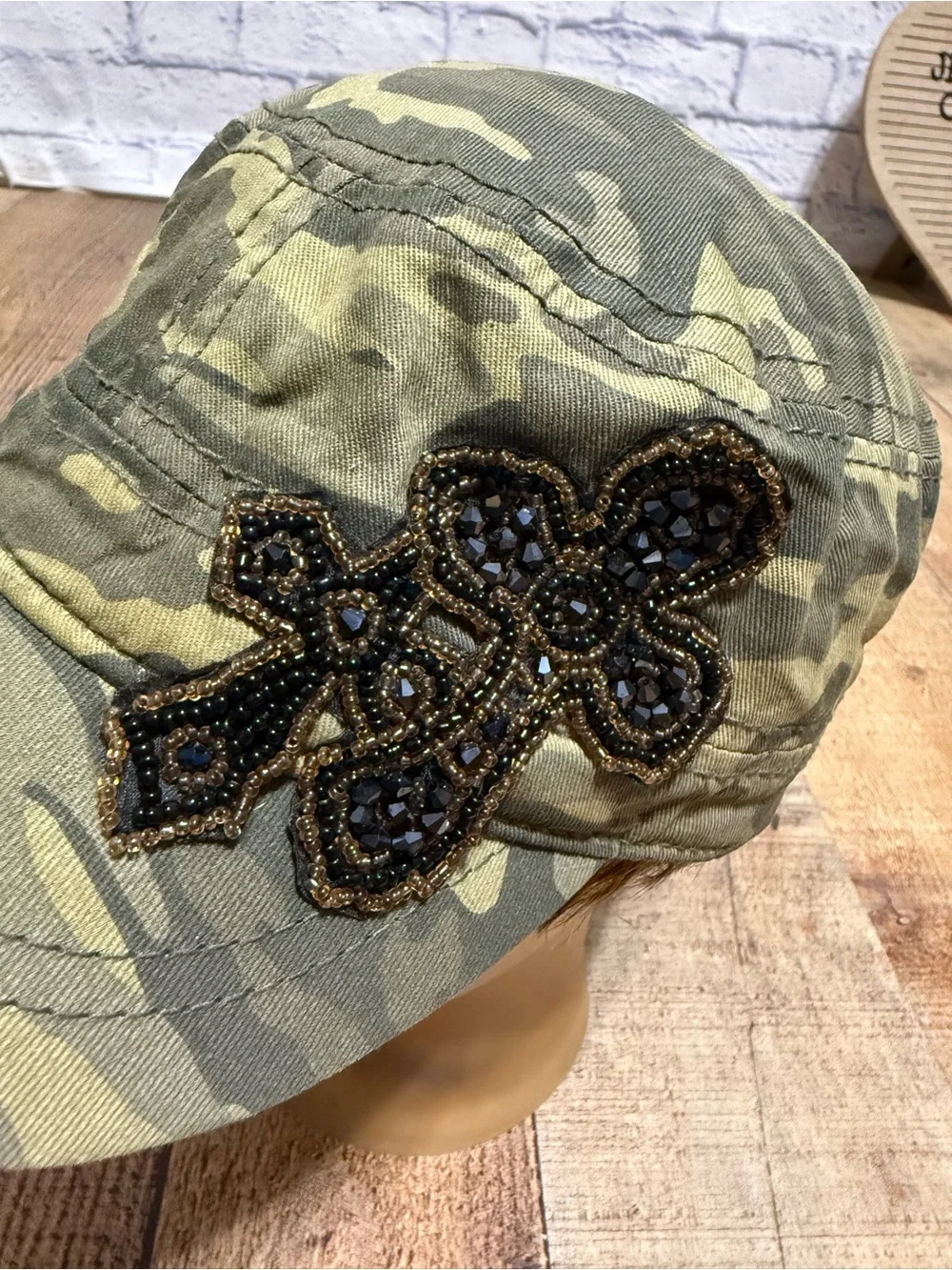 Camo Cadet Hat Cap Beaded Cross Patch Military Style Women's One Size Women's ca